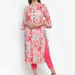 Indibelle Women Pink Rayon Slub Abstract Print Straight Kurta