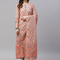Indibelle CottonFloral Print A-Line Kurta set (Peach)