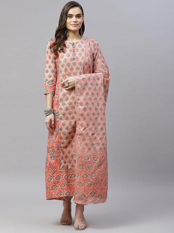 Indibelle CottonFloral Print A-Line Kurta set (Peach)