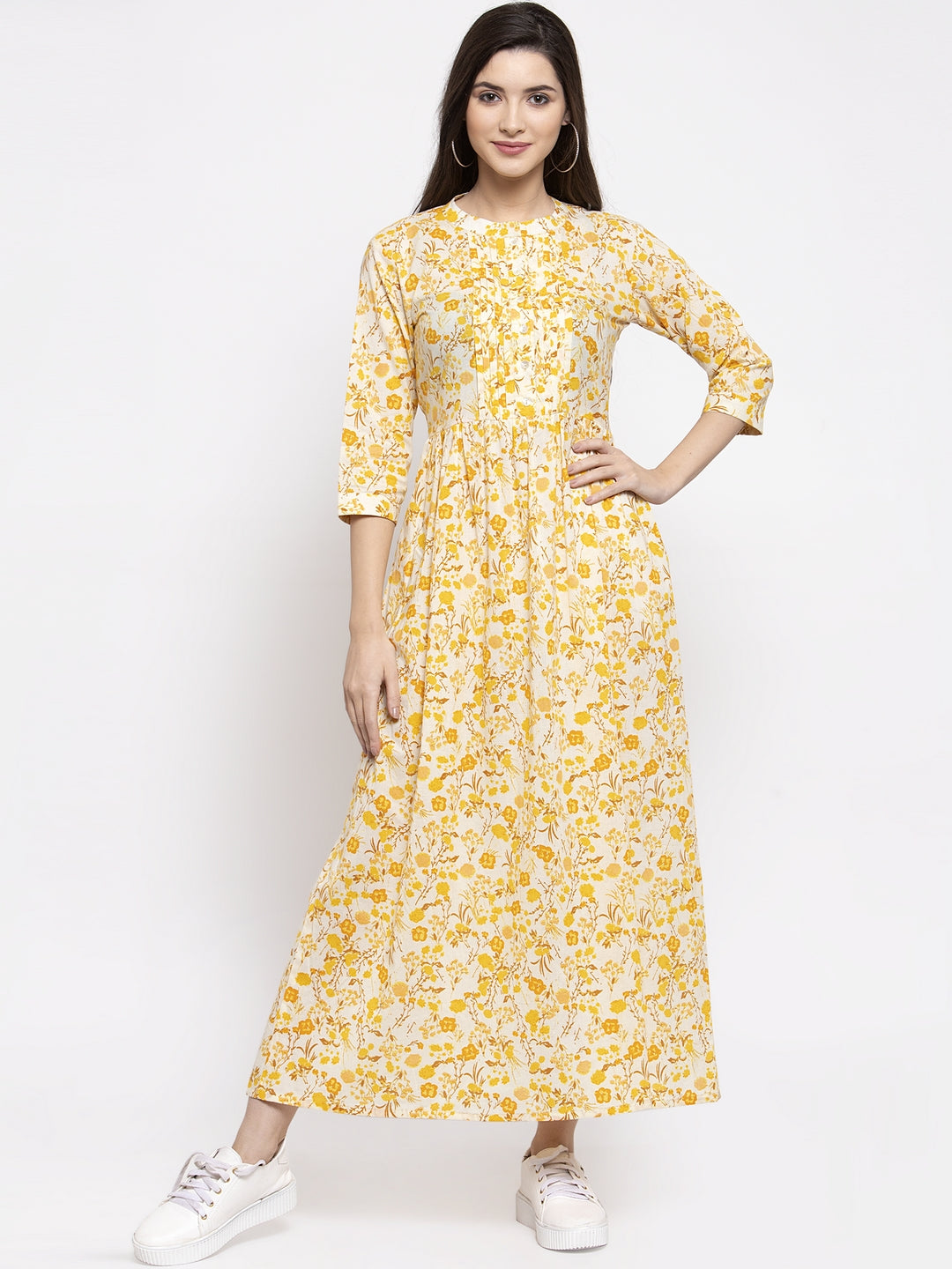 Indibelle cotton yellow floral print yoke pin tacks A-line Kurta