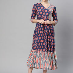 Indibelle Rayon Floral Print Flared Maxi Dress (Blue)