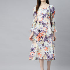 Indibelle Cotton Sky Blue Floral Print A-Line Dress