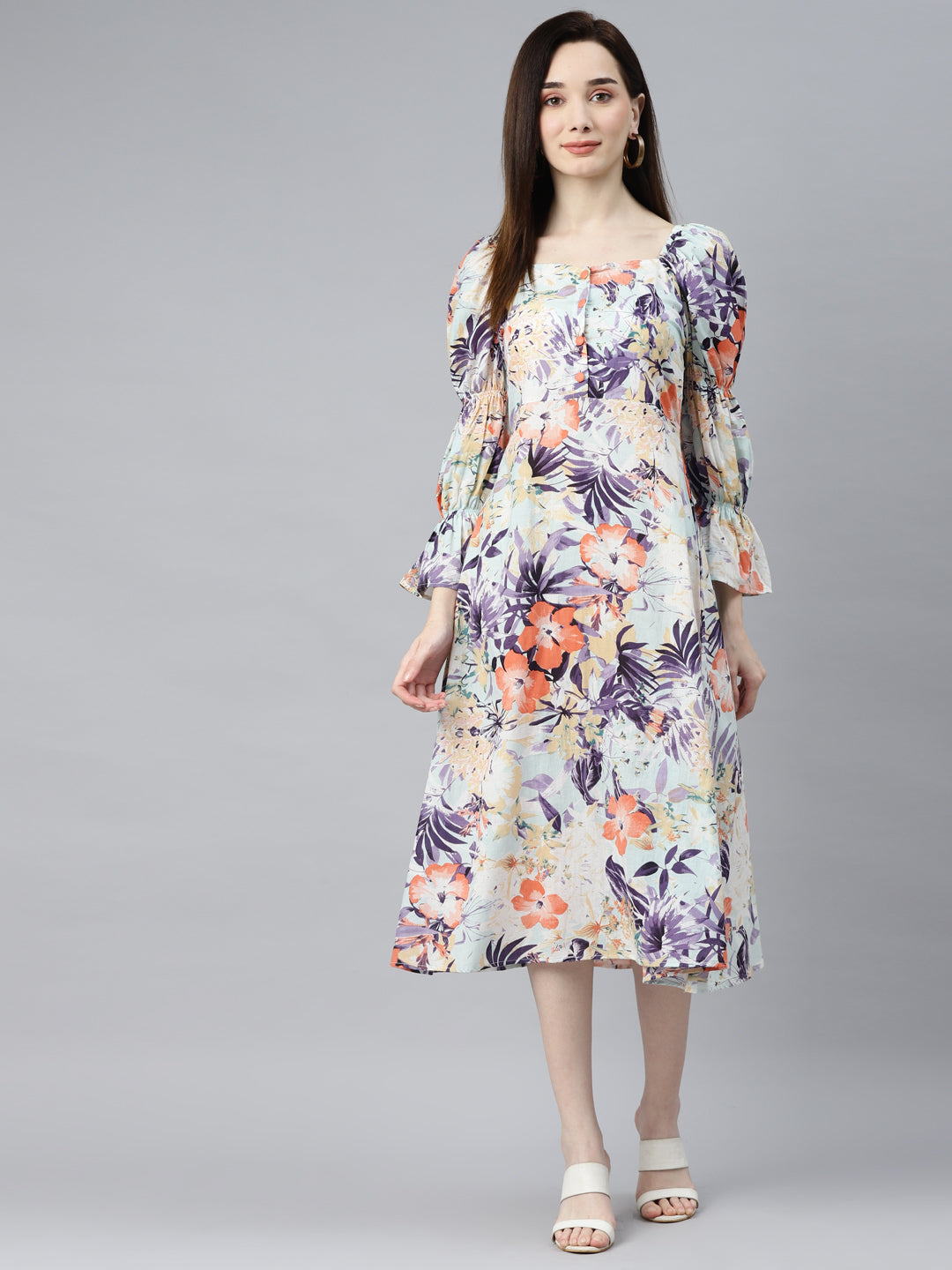 Indibelle Cotton Sky Blue Floral Print A-Line Dress