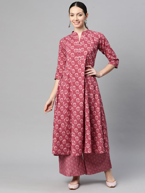 Indibelle Cotton Magenta Floral Print A-Line Kurta Set