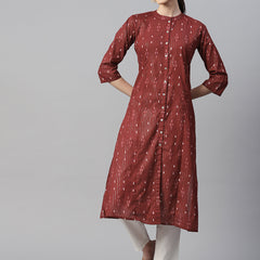 Indibelle Cotton Lurex Maroon Ikat Print A-Line Kurta