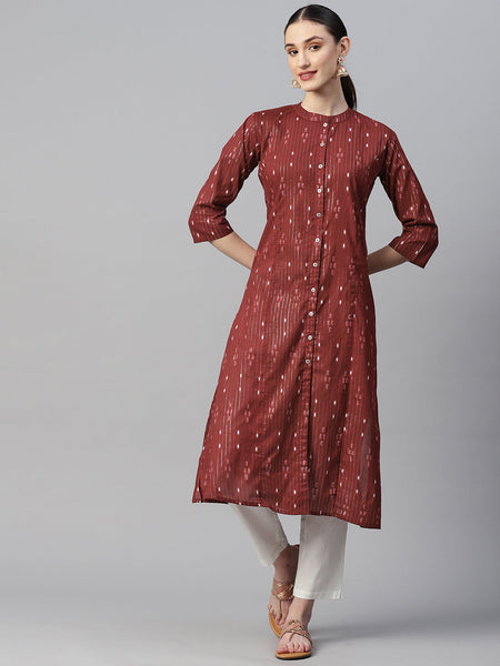Indibelle Cotton Lurex Maroon Ikat Print A-Line Kurta