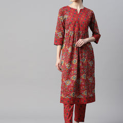 Indibelle Cotton Red Yellow Floral Print Kurta