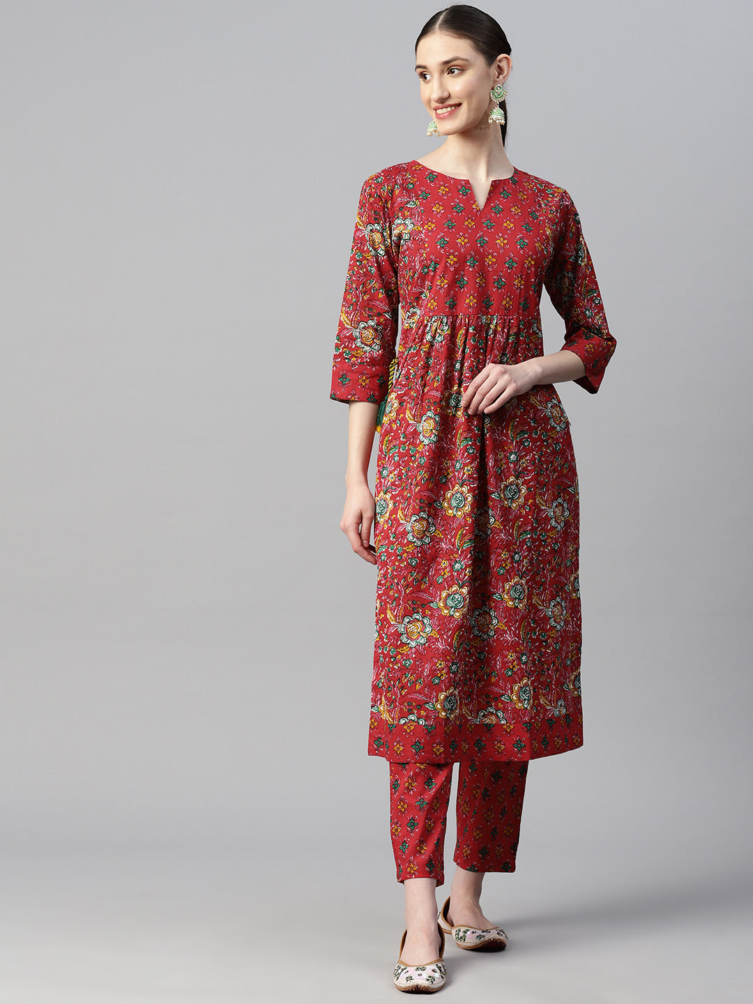 Indibelle Cotton Red Yellow Floral Print Kurta