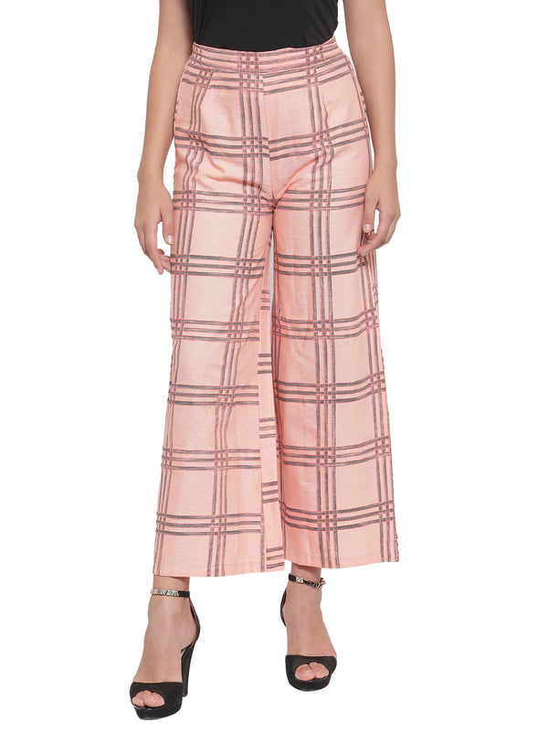 Indibelle Cotton Checkered Printed Plazzo Pants (Peach)