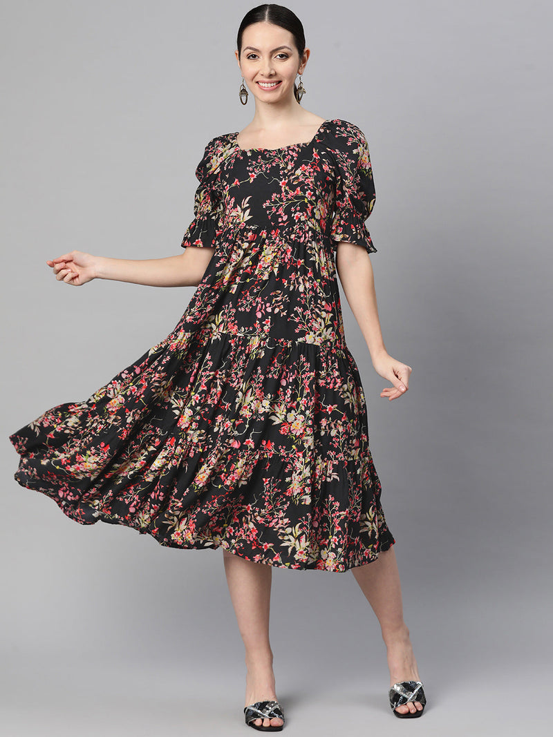 Indibelle Rayon Black Floral Print Dress