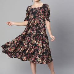 Indibelle Rayon Black Floral Print Dress