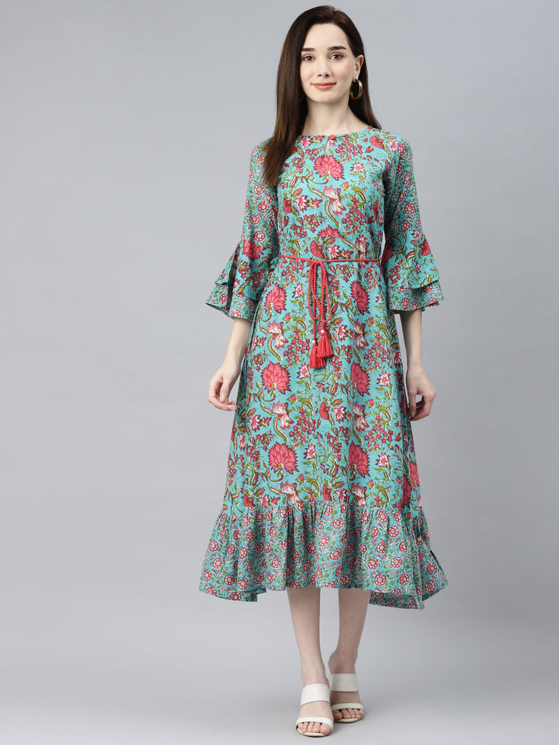 Indibelle Cotton Turquoise Blue Floral Print A-Line Dress