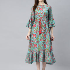 Indibelle Cotton Turquoise Blue Floral Print A-Line Dress