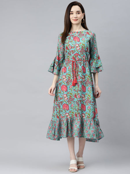 Indibelle Cotton Turquoise Blue Floral Print A-Line Dress