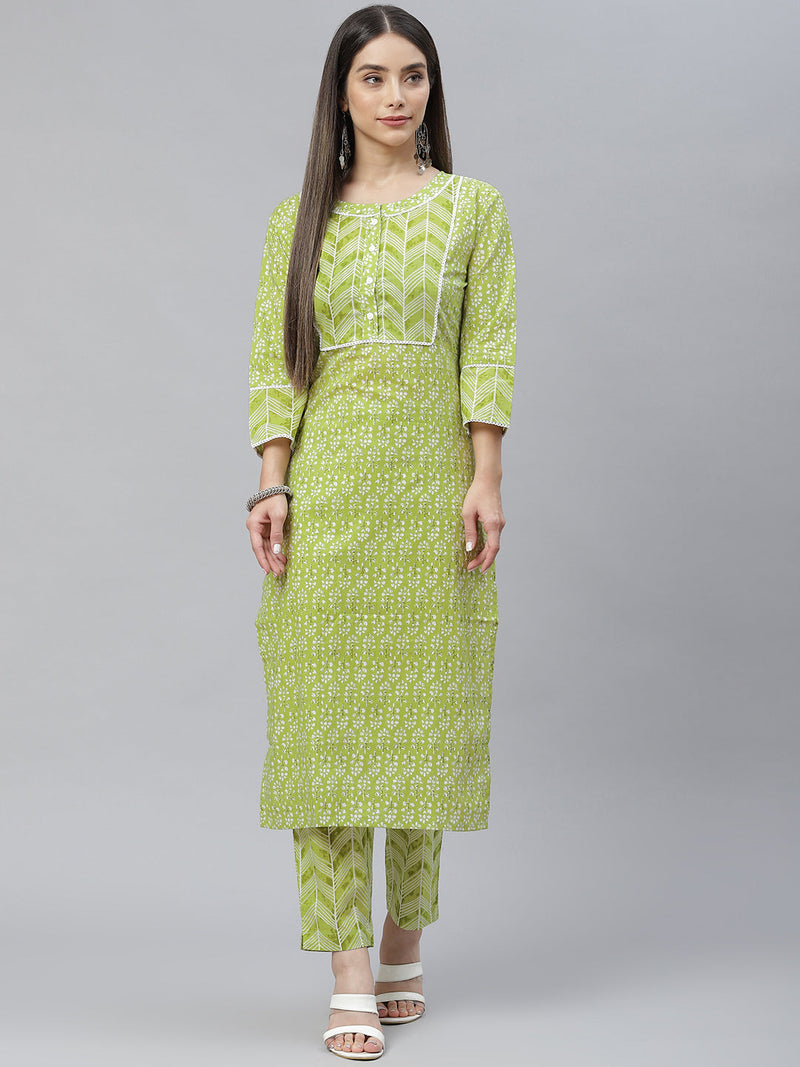 Indibelle Cotton Front Neck Floral Print Straight Kurta