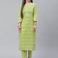 Indibelle Cotton Front Neck Floral Print Straight Kurta