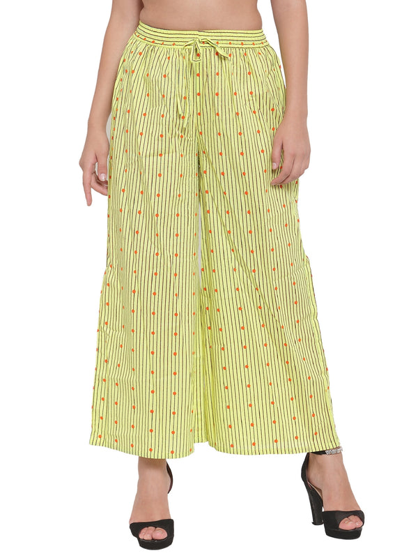 Indibelle Cotton Striped Dot Print Plazzo Pants (Yellow)