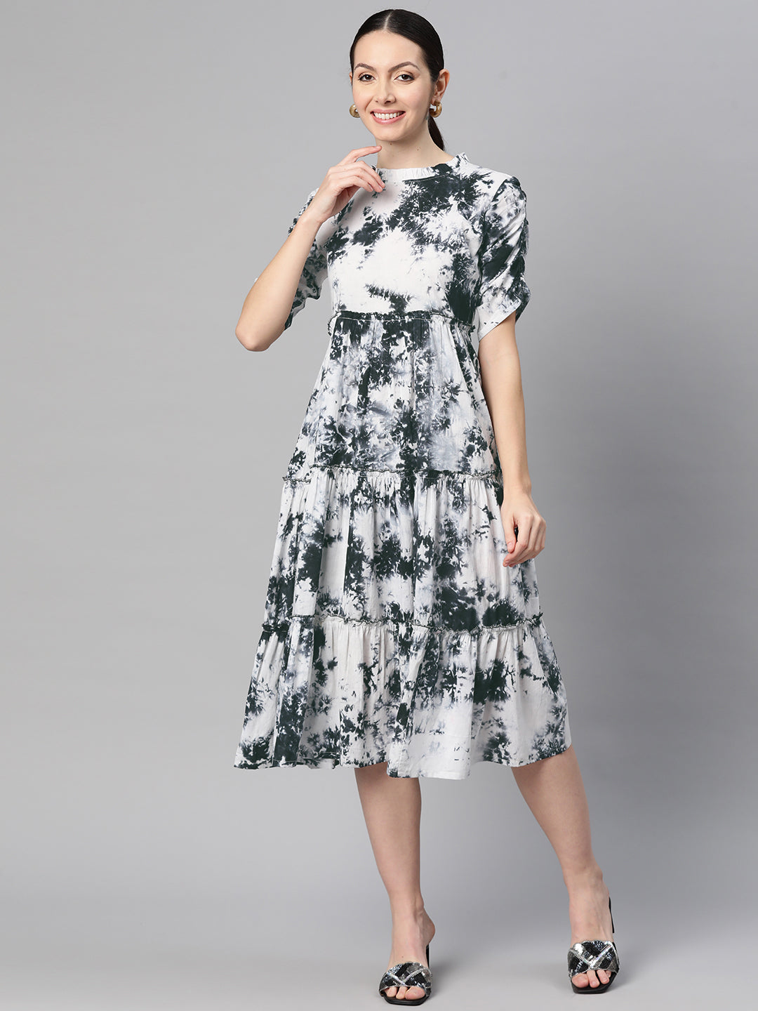 Indibelle Cotton Black White Tie-Dye Print Dress