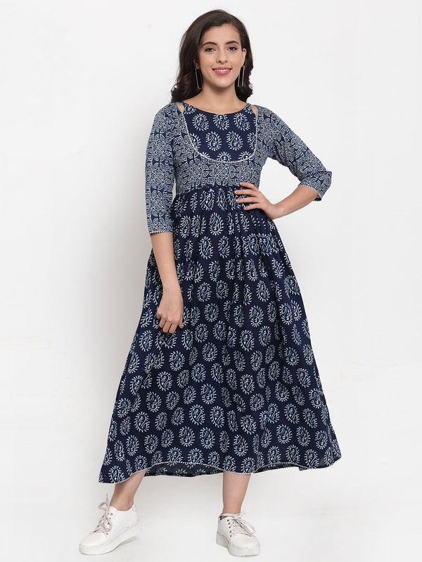 Indibelle Cotton Blue Paisley Print A-Line Dress