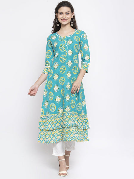 Indibelle Cotton Teal Blue booti print A-Line Kurta
