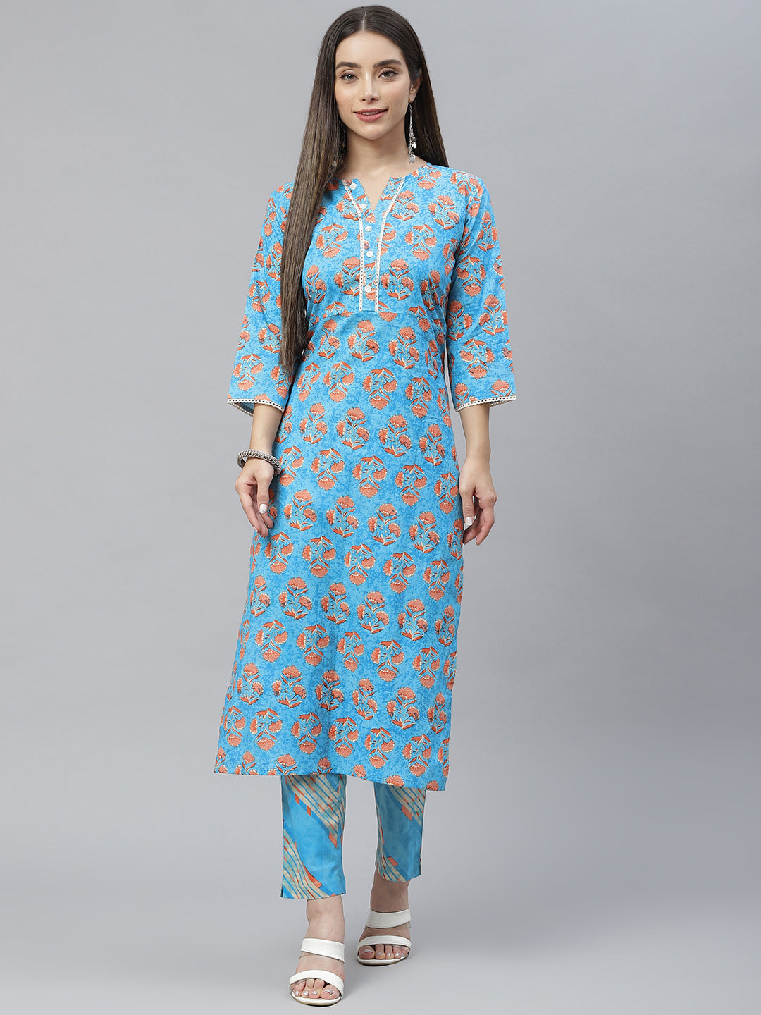 Indibelle Cotton Sky Blue Floral Print Straight Kurta