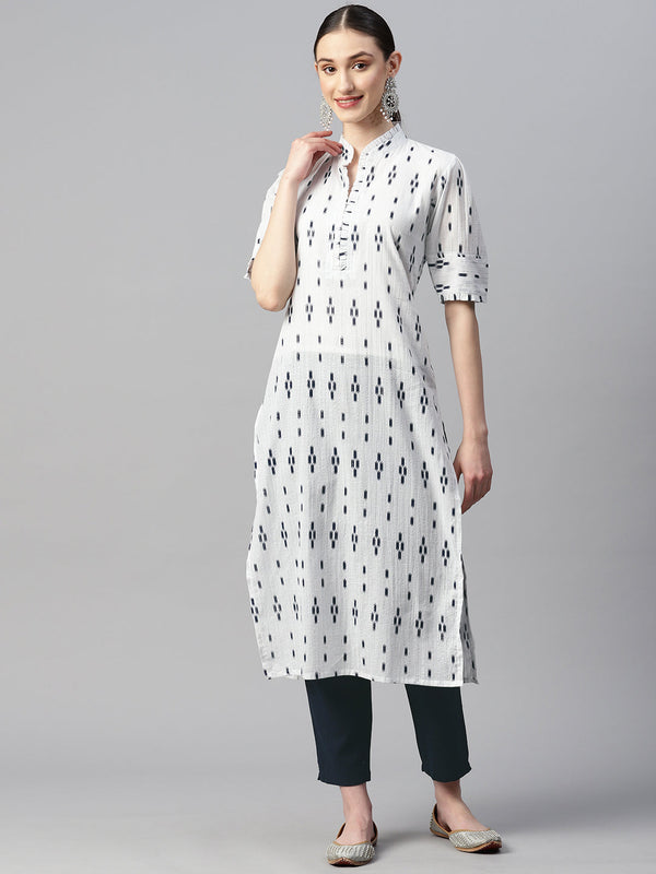 Indibelle Cotton Lurex White Ikat Print Kurta