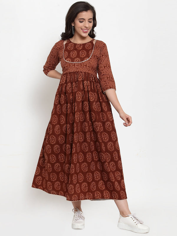 Indibelle Cotton Brown Paisley Print A-Line Dress