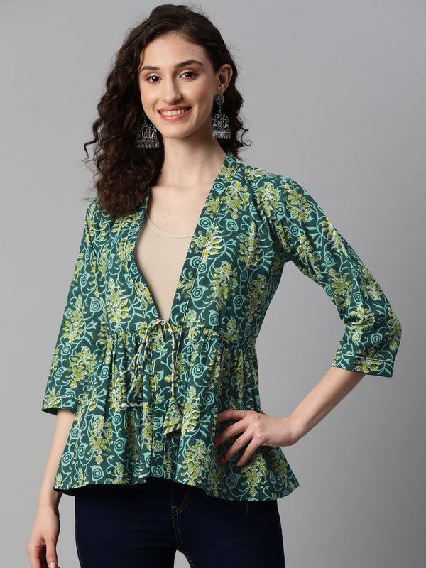 Indibelle Cotton Green Floral Print Shrug/Cape