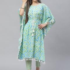 Indibelle Cotton Seagreen Tie Dye Print Kaftan Kurta set