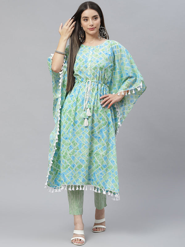 Indibelle Cotton Seagreen Tie Dye Print Kaftan Kurta set