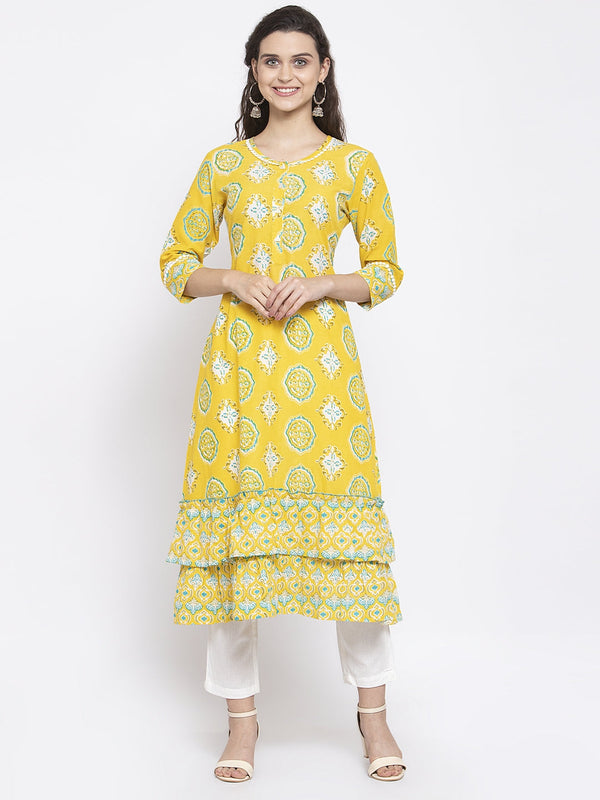 Indibelle Cotton Yellow booti print A-Line Kurta set