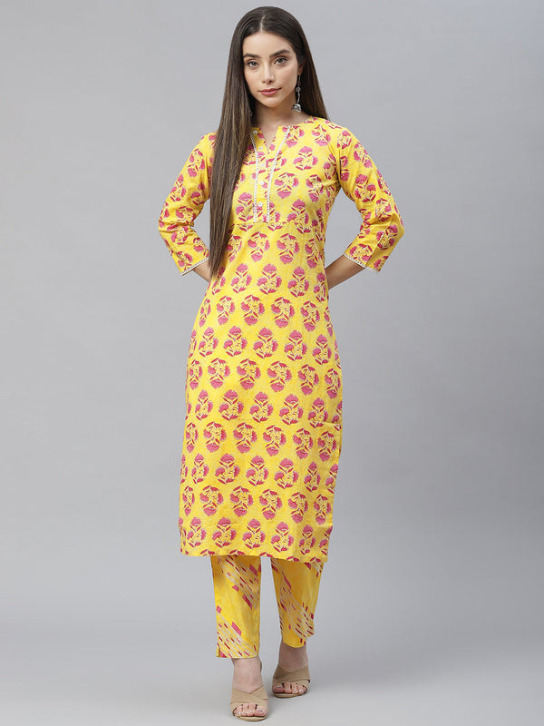 Indibelle Cotton Yellow Floral Print Straight Kurta