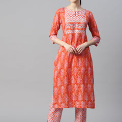 Indibelle Cotton Orange Floral Print Kurta