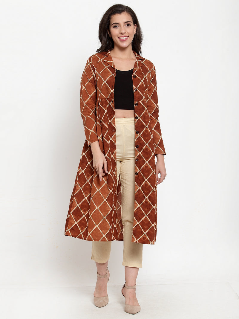 Indibelle Cotton Geometric Print A-Line Dress (Brown)