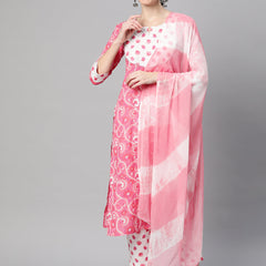 Indibelle Cotton Floral Print Straight Kurta Set (Pink)