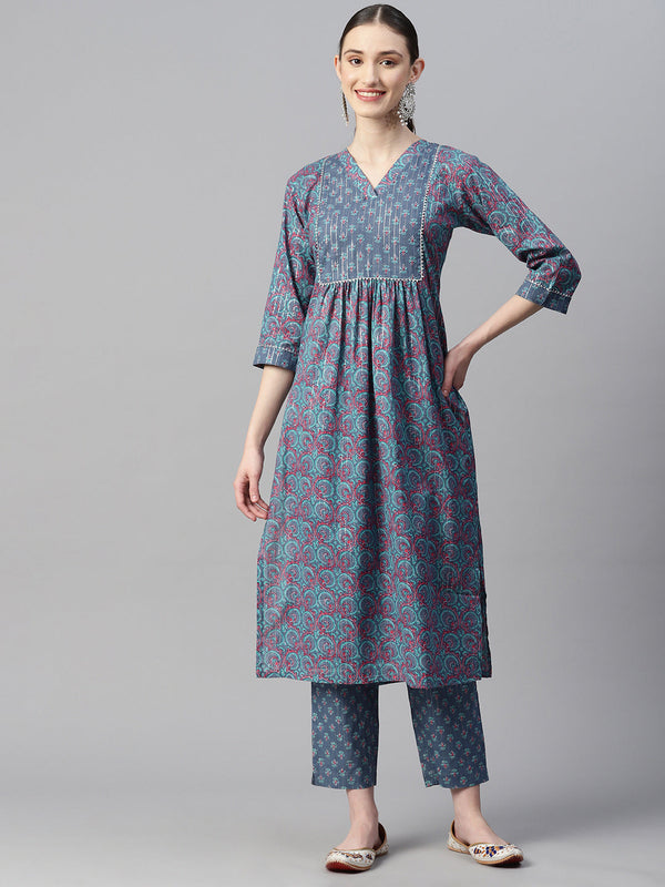 Indibelle Cotton Lurex Blue Pink Floral Print Kurta set