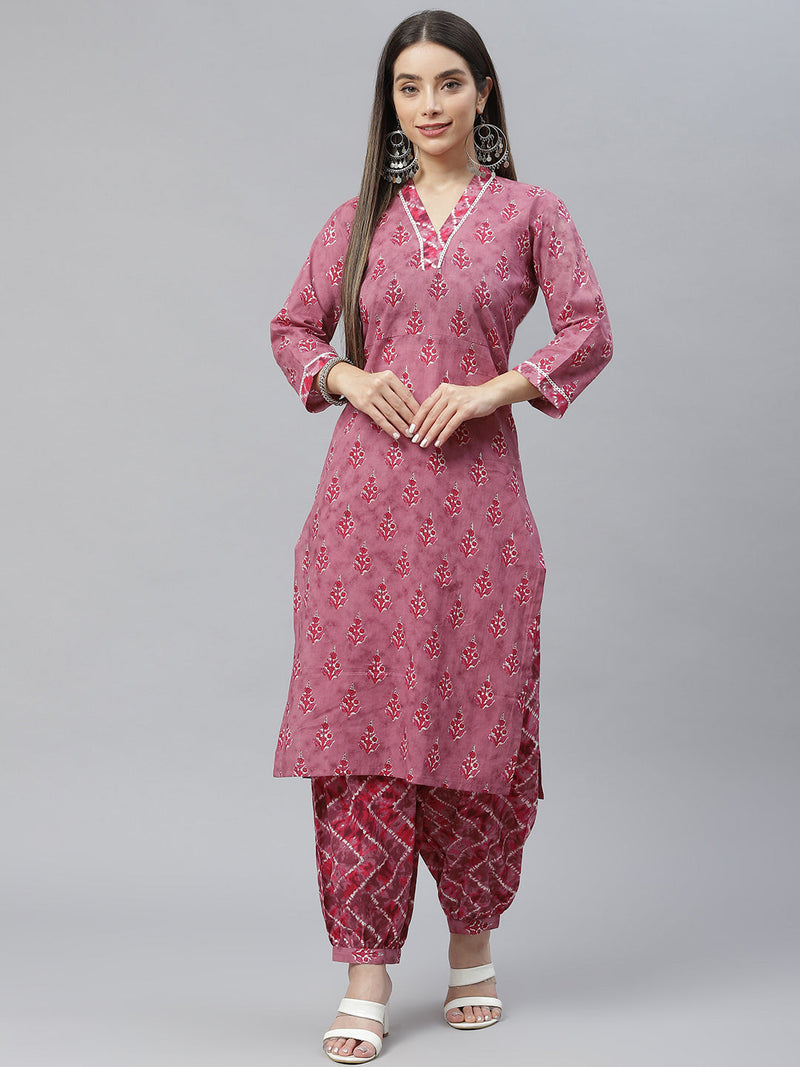 Indibelle Cotton Magenta Floral Print Straight Kurta