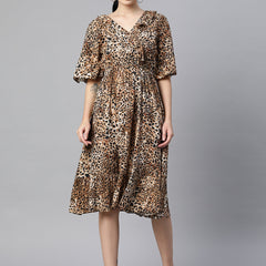 Indibelle Rayon Animal Print Dress (Brown)