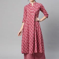 Indibelle Cotton Magenta Floral Print A-Line Kurta 