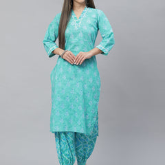 Indibelle Cotton V Neck Floral Print Straight Kurta (Teal)