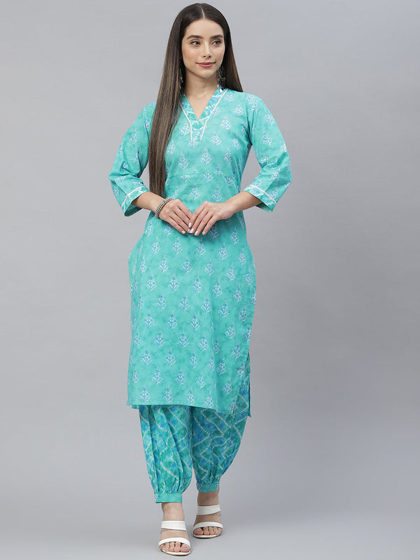Indibelle Cotton V Neck Floral Print Straight Kurta (Teal)