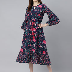 Indibelle Cotton Navy Blue Floral Print A-Line Dress