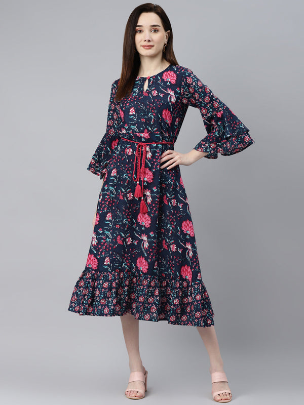 Indibelle Cotton Navy Blue Floral Print A-Line Dress