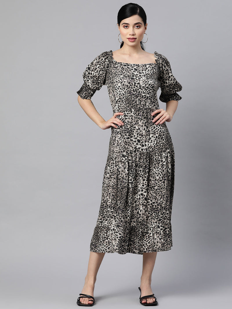Indibelle Rayon Animal Print Flared Dress (Black)