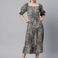 Indibelle Rayon Animal Print Flared Dress (Black)