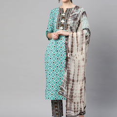 Indibelle Cotton Floral Print Straight Kurta Set (Teal)