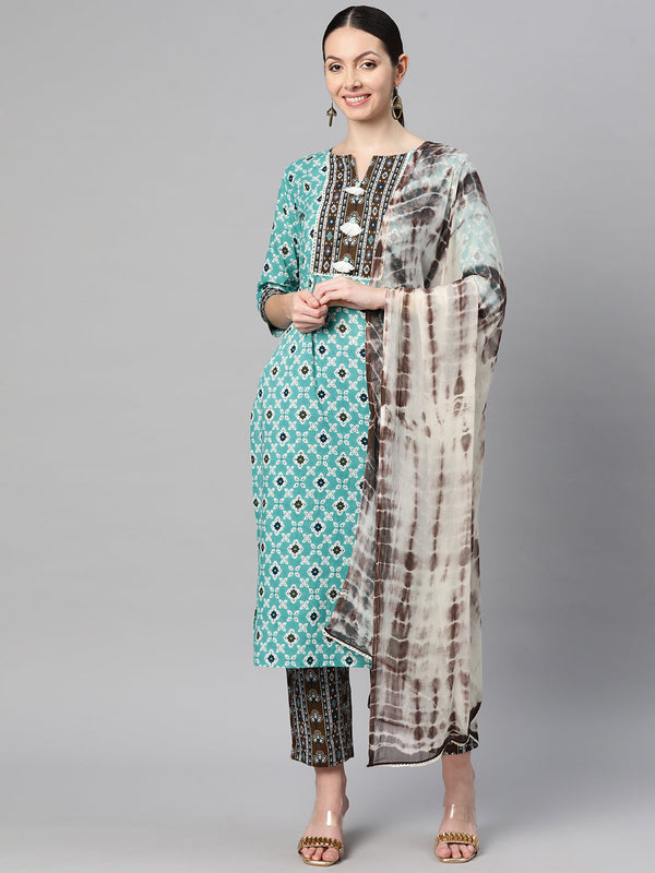 Indibelle Cotton Floral Print Straight Kurta Set (Teal)