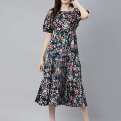 Indibelle Rayon Blue Purple Floral Print Flared Dress