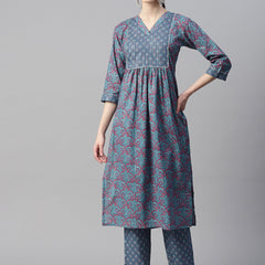 Indibelle Cotton Lurex Blue Pink Floral Print Kurta