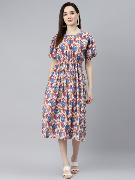 Indibelle Rayon Blue Tropical Print Flared Dress